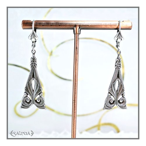 Pièce unique - boucles d'oreilles art déco laiton plaqué argent patiné antique haute qualité dormeuses ou crochets au choix (#bo726)