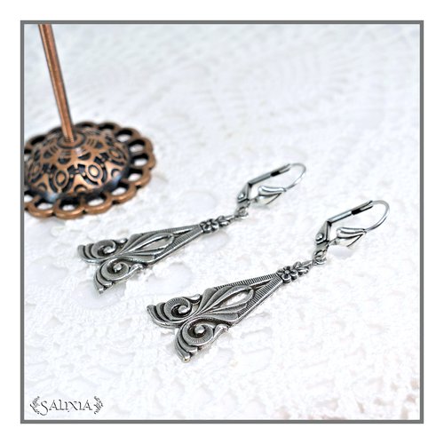 Pièce unique - boucles d'oreilles art déco laiton plaqué argent patiné antique haute qualité dormeuses ou crochets au choix (#bo726)