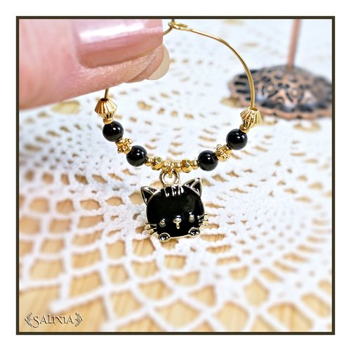 Vendues - boucles d'oreilles kara black perles de jade perles plaquées or 24k breloques chat noir créoles acier inoxydable doré (#bo607)