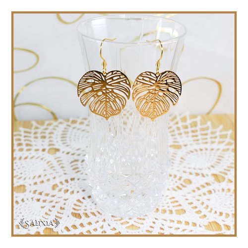 Boucles d'oreilles feuilles de monstera laiton plaqué or crochets acier inoxydable doré (#bo759)