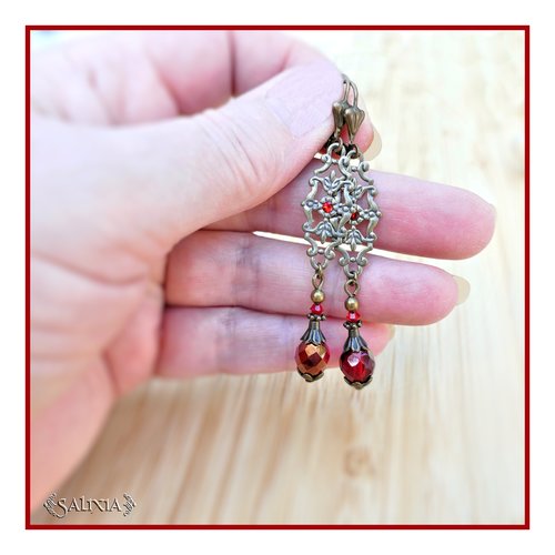 Boucles d'oreilles lucinda cristal perles de bohème rouges polies au feu dormeuses bronze (#bo649)