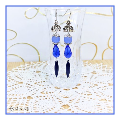 Boucles d'oreilles rebecca gouttes cristal et perles sea glass bleues crochets ou dormeuses acier inoxydable (#bo751)