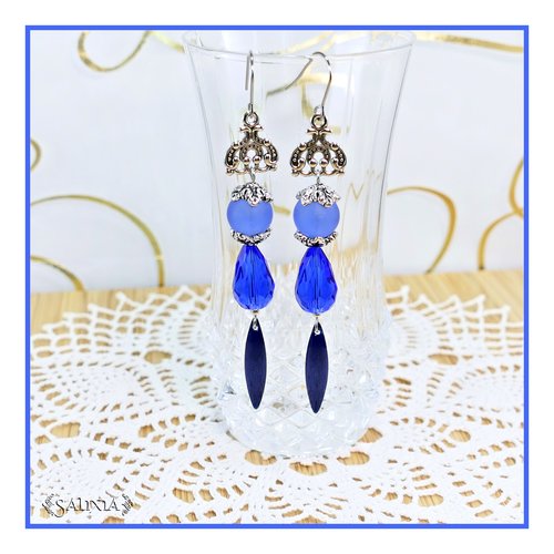 Boucles d'oreilles rebecca gouttes cristal et perles sea glass bleues crochets ou dormeuses acier inoxydable (#bo751)