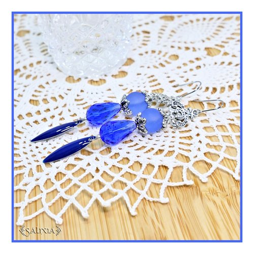 Boucles d'oreilles rebecca gouttes cristal et perles sea glass bleues crochets ou dormeuses acier inoxydable (#bo751)