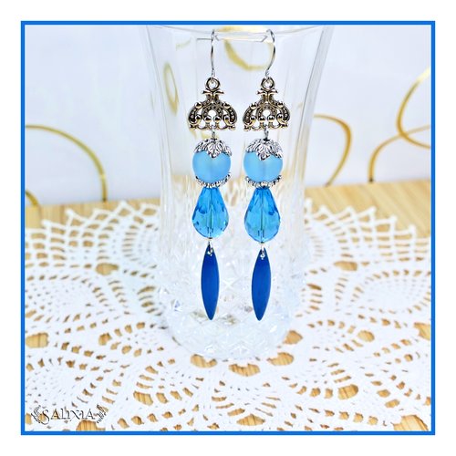 Boucles d'oreilles rebecca gouttes cristal et perles sea glass turquoise crochets ou dormeuses acier inoxydable (#bo752)