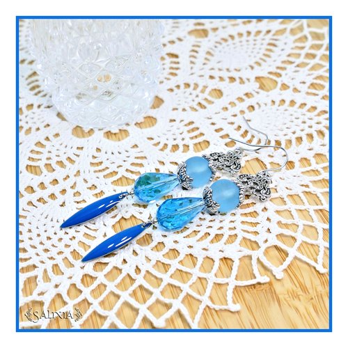 Boucles d'oreilles rebecca gouttes cristal et perles sea glass turquoise crochets ou dormeuses acier inoxydable (#bo752)