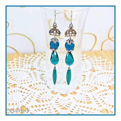 Boucles d'oreilles rebecca gouttes cristal et perles sea glass bleu teal crochets ou dormeuses acier inoxydable (#bo753)