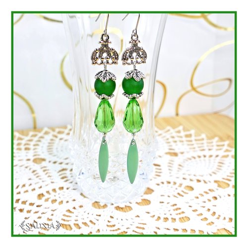 Boucles d'oreilles rebecca gouttes cristal et perles sea glass vertes crochets ou dormeuses acier inoxydable (#bo754)