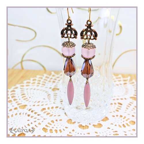 Boucles d'oreilles rebecca gouttes cristal améthyste perles sea glass rose crochets ou dormeuses acier inoxydable doré (#bo756)
