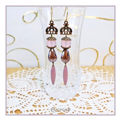 Boucles d'oreilles rebecca gouttes cristal améthyste perles sea glass rose crochets ou dormeuses acier inoxydable doré (#bo756)