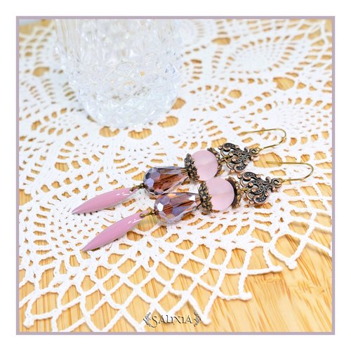Boucles d'oreilles rebecca gouttes cristal améthyste perles sea glass rose crochets ou dormeuses acier inoxydable doré (#bo756)
