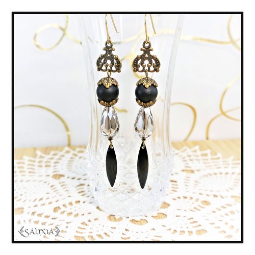 Boucles d'oreilles rebecca gouttes cristal gris perles sea glass noires crochets ou dormeuses acier inoxydable doré (#bo757)