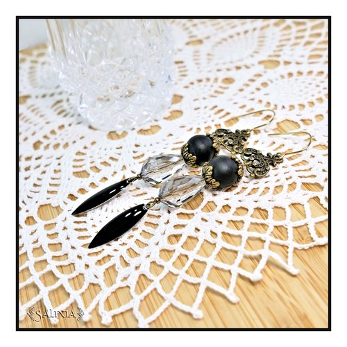 Boucles d'oreilles rebecca gouttes cristal gris perles sea glass noires crochets ou dormeuses acier inoxydable doré (#bo757)