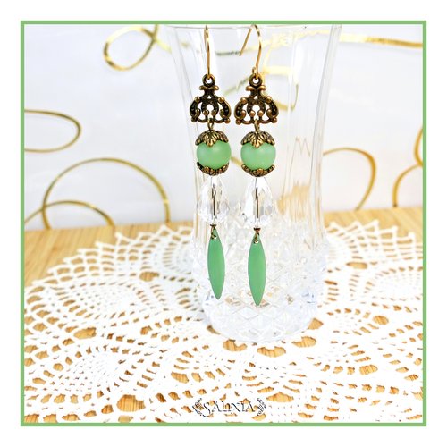 Boucles d'oreilles rebecca gouttes cristal transparent perles sea glass vert givré crochets ou dormeuses acier inoxydable doré (#bo758
