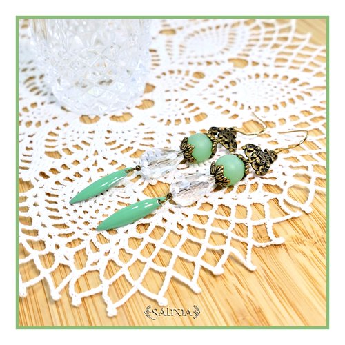 Boucles d'oreilles rebecca gouttes cristal transparent perles sea glass vert givré crochets ou dormeuses acier inoxydable doré (#bo758