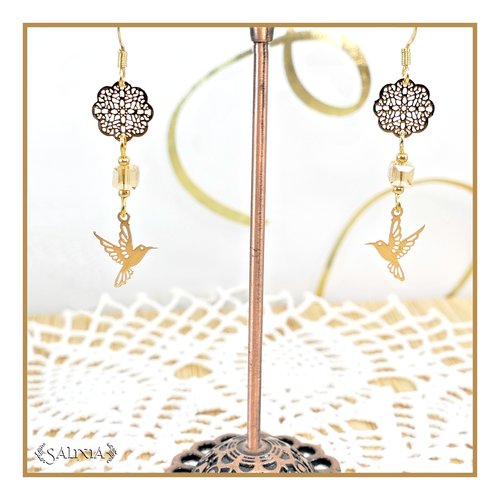 Boucles d'oreilles petits colibris crochets acier inoxydable doré (#bo763)