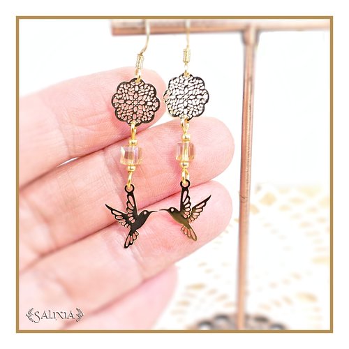 Boucles d'oreilles petits colibris crochets acier inoxydable doré (#bo763)