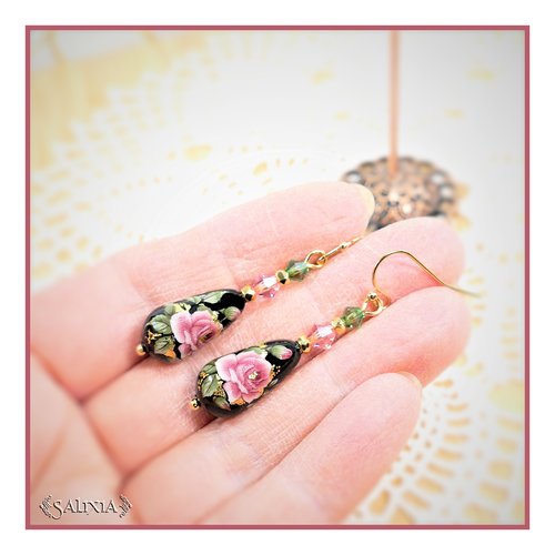 Boucles d'oreilles les florales : la rose rose, gouttes japonaises tensha, cristal, acier inoxydable doré (#bo735)