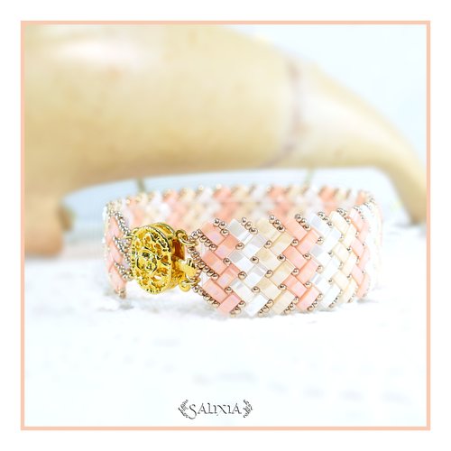 Bracelet tissé perles tila 6 rangs chevrons fermoir rose à clipser doré (#bc255)