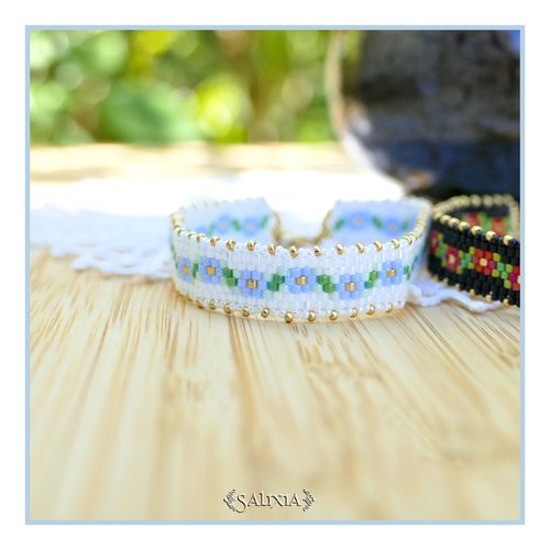 Bracelet frise myosotis tissage perles de rocaille japonaises chainette et mousqueton acier inoxydable doré (#bc290)