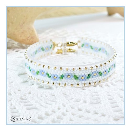 Bracelet frise myosotis tissage perles de rocaille japonaises chainette et mousqueton acier inoxydable doré (#bc290)