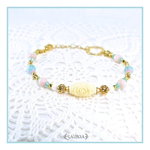 Bracelet pierres fines amazonite opale rose laiton doré or fin acier inoxydable doré (#bc291)