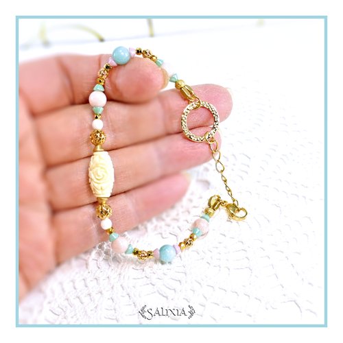 Bracelet pierres fines amazonite opale rose laiton doré or fin acier inoxydable doré (#bc291)