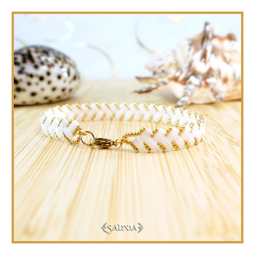 Bracelet tissé "alba" perles tila 2 rangs blanc fermoir mousqueton acier inoxydable doré (#bc292.a)