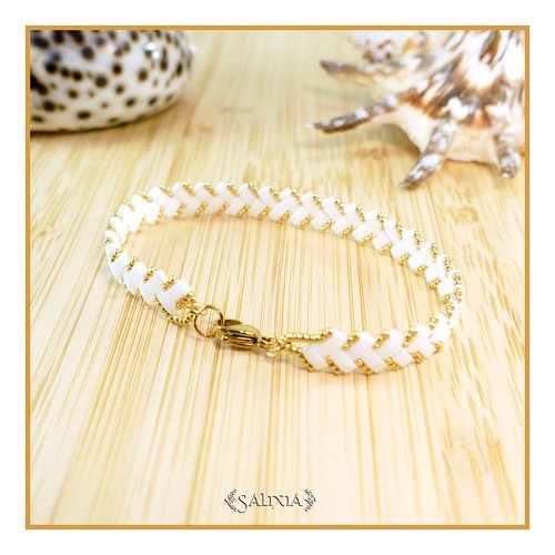 Bracelet tissé "alba" perles tila 2 rangs blanc fermoir mousqueton acier inoxydable doré (#bc292)
