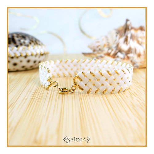 Bracelet tissé "alba" perles tila 4 rangs blanc fermoir mousqueton acier inoxydable doré (#bc293)