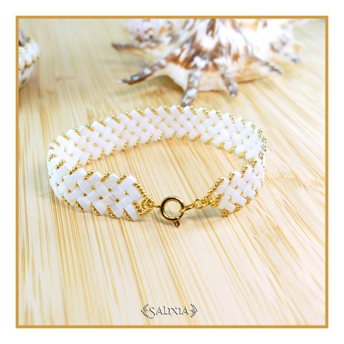 Bracelet tissé "alba" perles tila 4 rangs blanc fermoir mousqueton acier inoxydable doré (#bc293)
