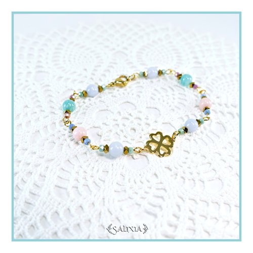 Bracelet leandra pierres fines amazonite opale rose calcedoine bleue entièrement en acier inoxydable doré (#bc289 p227)
