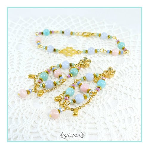 Boucles d'oreilles "leandra" amazonite opale rose calcédoine bleue puces dorées à l'or fin ou crochets (#bo743 p227)