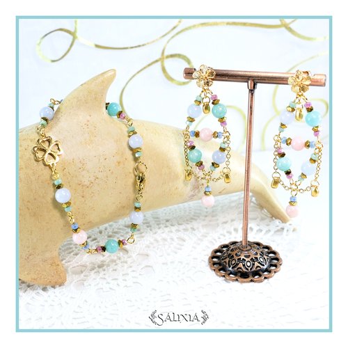 Boucles d'oreilles "leandra" pierres fines amazonite opale rose calcédoine bleue puces dorées à l'or fin ou crochets (#bo743 p227)