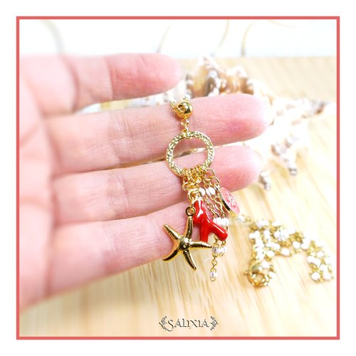 Collier alba étoile de mer branche de corail acier inoxydable doré choix de la taille du collier (#c248 p229)