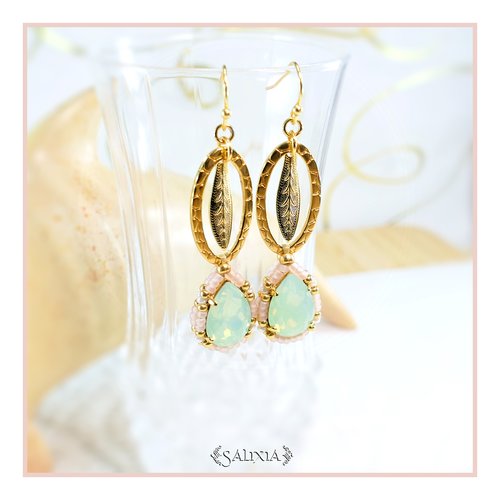 Pièce unique - boucles d'oreilles cabochons cristal vert opale laiton doré à l'or fin crochets acier inoxydable doré (#bo765)
