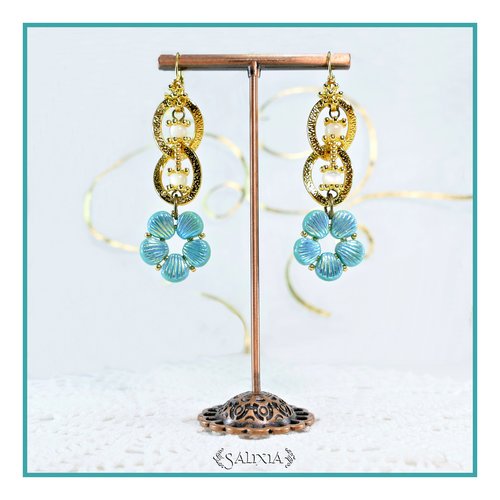 Boucles d'oreilles nacre coquillage bleu turquoise dormeuses laiton doré à l'or fin (#bo768)