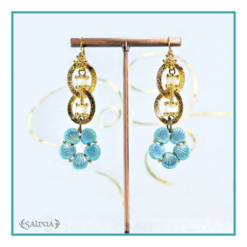 Boucles d'oreilles nacre coquillage bleu turquoise dormeuses laiton doré à l'or fin (#bo768)