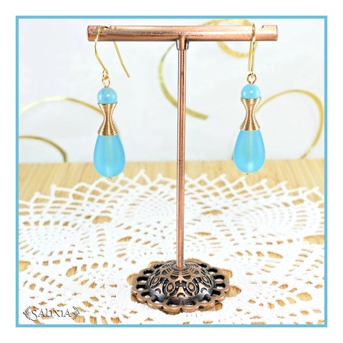 Boucles d'oreilles "kalaya" pierres fines de turquoise perles sea glass turquoise givré crochets acier inoxydable doré (#bo769)