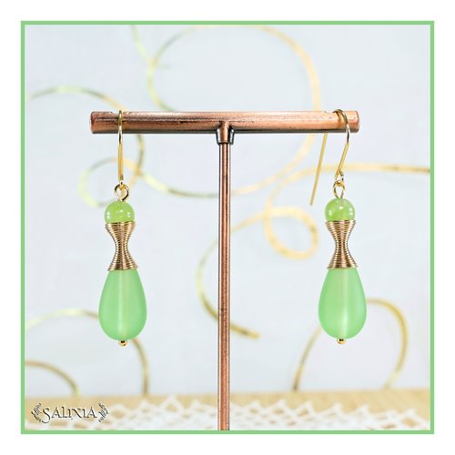Boucles d'oreilles "kalaya" pierres fines de péridot perles sea glass vert givré crochets acier inoxydable doré (#bo770)