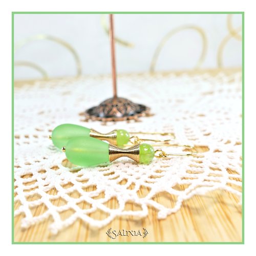 Boucles d'oreilles "kalaya" pierres fines de péridot perles sea glass vert givré crochets acier inoxydable doré (#bo770)