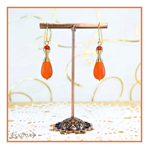 Boucles d'oreilles "kalaya" perles de corail perles sea glass tangerine givré crochets acier inoxydable doré (#bo771)