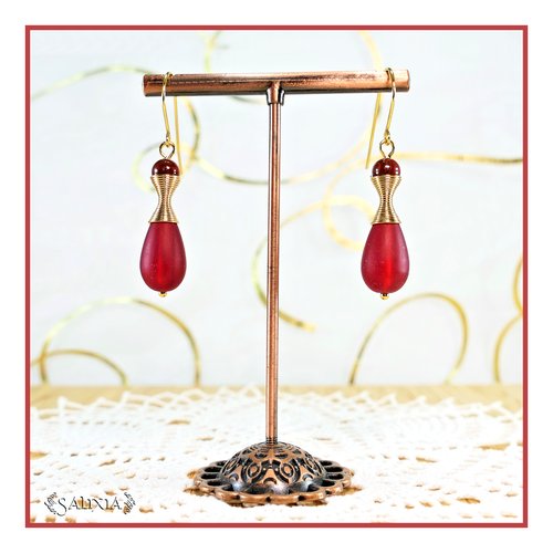 Boucles d'oreilles "kalaya" pierres fines de jaspe bréchite perles sea glass rouge givré crochets acier inoxydable doré (#bo772)