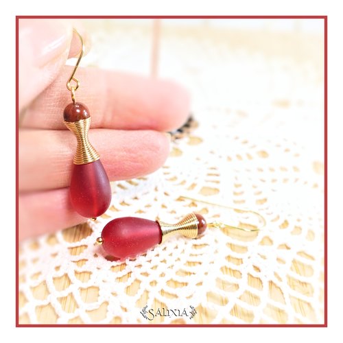 Boucles d'oreilles "kalaya" pierres fines de jaspe bréchite perles sea glass rouge givré crochets acier inoxydable doré (#bo772)