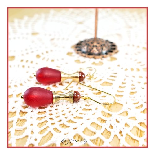Boucles d'oreilles "kalaya" pierres fines de jaspe bréchite perles sea glass rouge givré crochets acier inoxydable doré (#bo772)