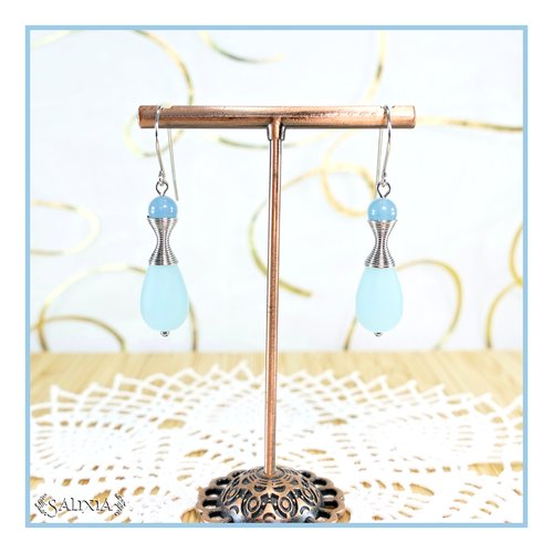Boucles d'oreilles "kalaya" pierres fines de quartz bleu perles sea glass bleu givré crochets acier inoxydable (#bo774)