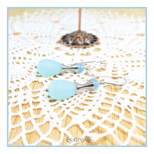 Boucles d'oreilles "kalaya" pierres fines de quartz bleu perles sea glass bleu givré crochets acier inoxydable (#bo774)