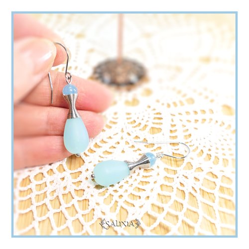 Boucles d'oreilles "kalaya" pierres fines de quartz bleu perles sea glass bleu givré crochets acier inoxydable (#bo774)