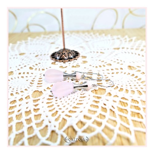 Boucles d'oreilles "kalaya" pierres fines d'opale rose perles sea glass rose givré crochets acier inoxydable (#bo773)
