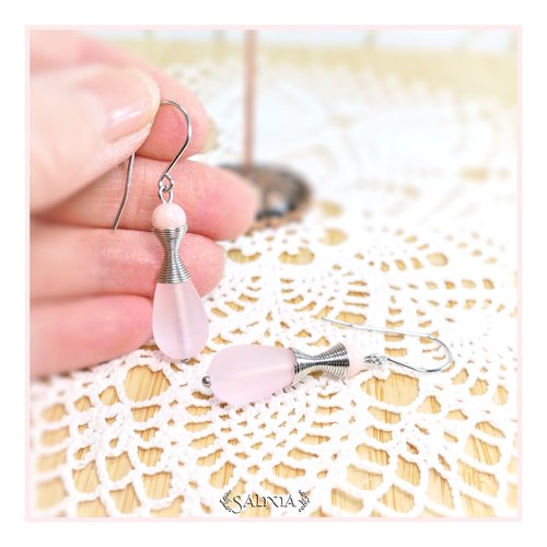 Boucles d'oreilles "kalaya" pierres fines d'opale rose perles sea glass rose givré crochets acier inoxydable (#bo773)